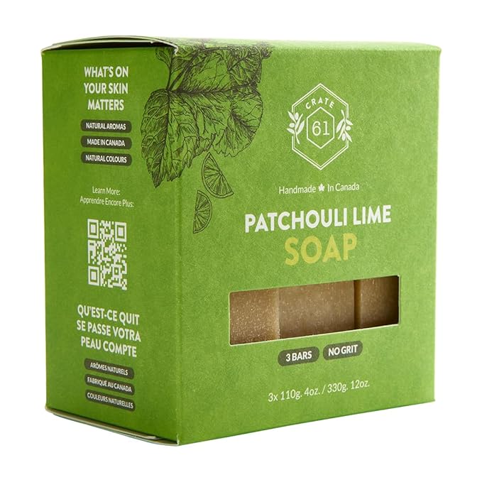 Crate 61, Handmade in Canada, Plant Based Cold Process Natural Bar Soap For Face And Body, With Premium Essential Oils, For Men And Women 3 Pack (Patchouli Lime)