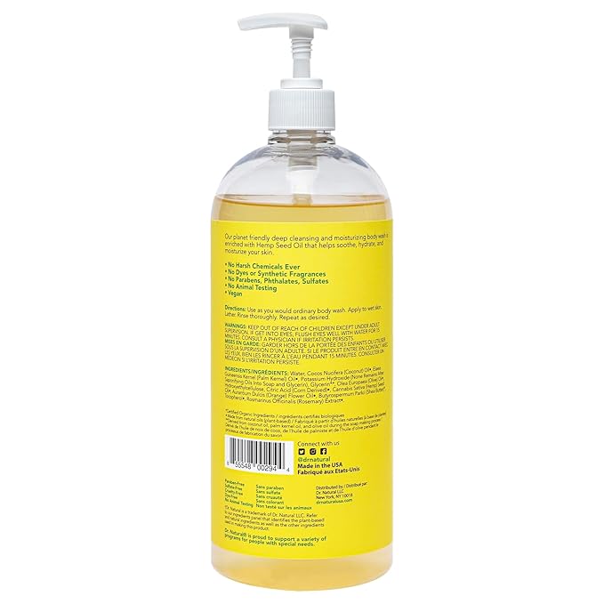 Dr. Natural Hemp Body Wash, Citrus, 32 oz - Pure Plant-Based Body Wash - Deep Cleansing and Moisturizing with Organic Shea Butter - Enriched with Hemp Seed Oil - Suitable for Sensitive Skin
