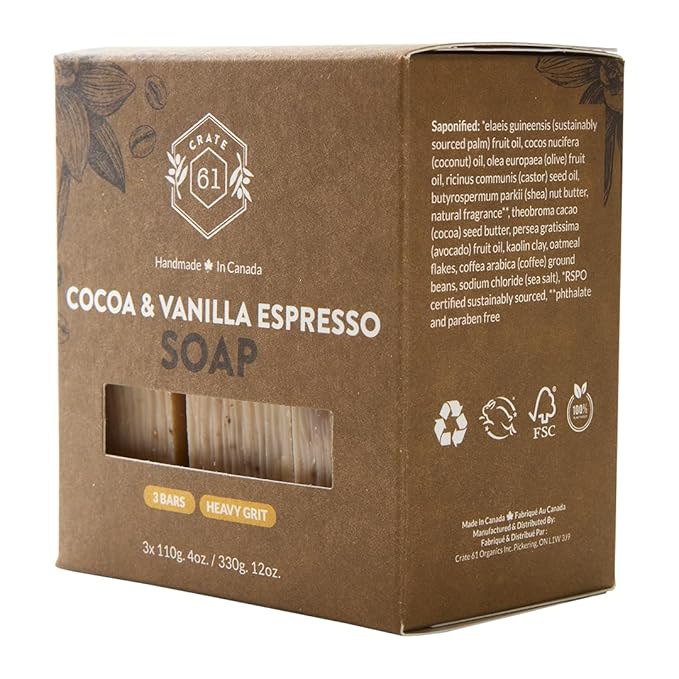 Crate 61, Handmade in Canada, Plant Based Cold Process Natural Bar Soap For Face And Body, With Premium Essential Oils, For Men And Women 3 Pack (Cocoa Vanilla Espresso)