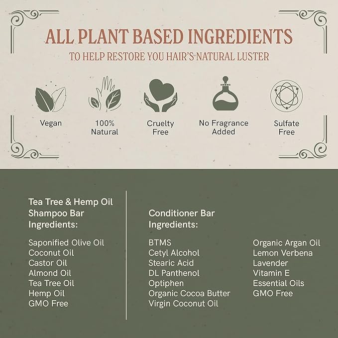 J·R·LIGGETT'S New Conditioner Bar 1.75oz + Two Tea Tree & Hemp Oil Formula Shampoo Bar 3.5oz Bundle All-Natural Plant Based Ingredients | Clean Soft Tangle-Free Hair Biodegradable Recyclable USA Made