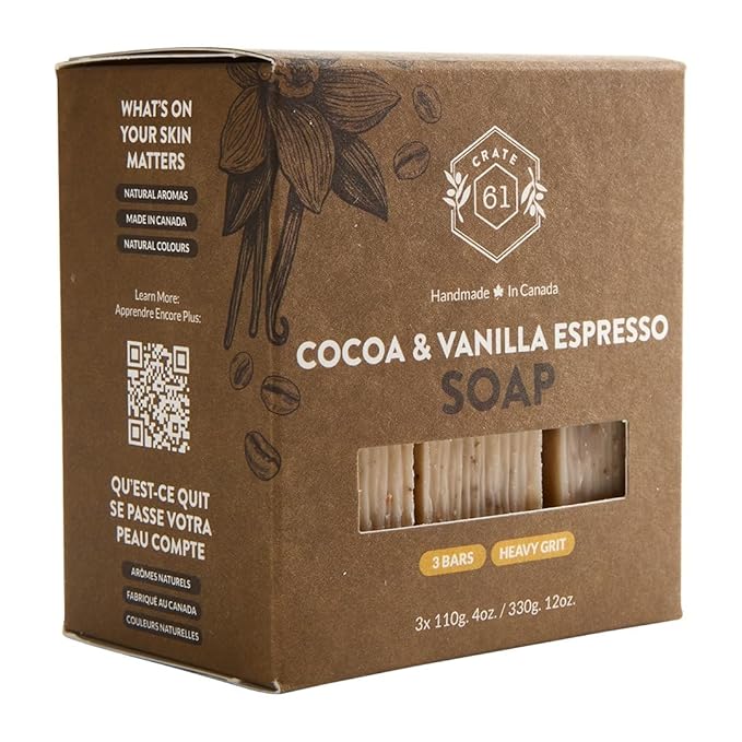 Crate 61, Handmade in Canada, Plant Based Cold Process Natural Bar Soap For Face And Body, With Premium Essential Oils, For Men And Women 3 Pack (Cocoa Vanilla Espresso)
