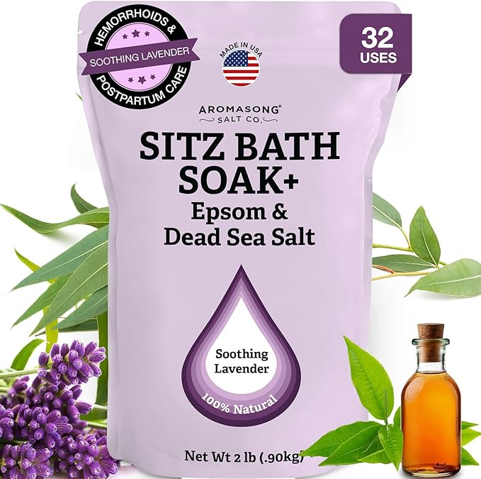 Aromasong Sitz Bath Soak 2lb β Sitz Bath Salt for Hemorrhoid & Postpartum Care β Dead Sea & Epsom Salt Soak with Lavender, Chamomile & Tea Tree β Natural Sitz Bath Salts β Made in USA