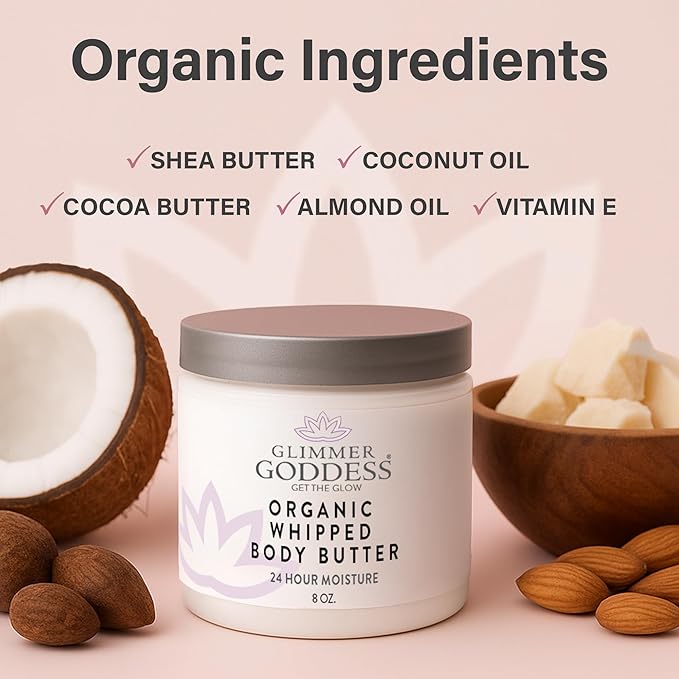 Glimmer Goddess Organic Whipped Body Butter for Women - Moisturizer Cream with Shea & Cocoa Butter, Almonds & Coconut Oil - Coconut Lime, 8oz