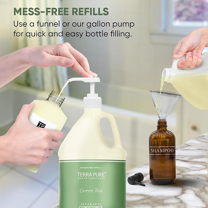 Terra Pure Gallon & Dispenser Set | 1-Shoppe All-In-Kit | Shampoo Conditioner Body Wash Gallon | Refillable 10.14 oz. Matching Pump Bottles