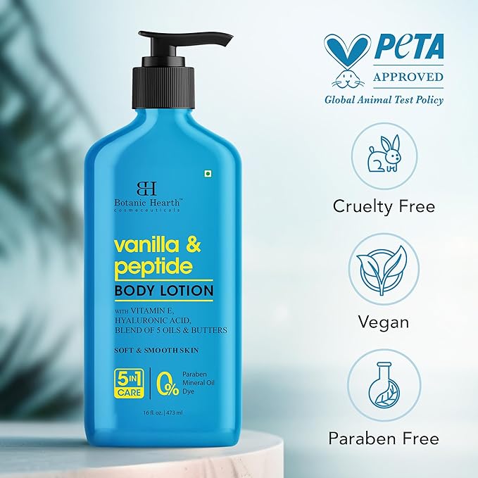 Botanic Hearth Vanilla & Peptide Body Lotion 16 fl oz | Soft & Smooth Skin | 5 Oil Blend & Butters | 5-in-1 Care | Paraben Free, Dye Free | Daily Moisturizing Lotion for All Skin Types