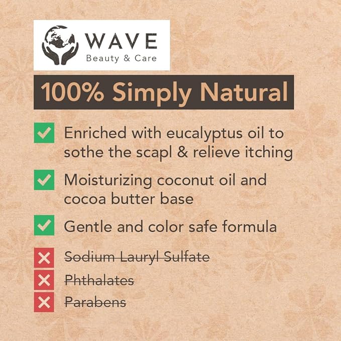 Wave Eucalyptus Oil Shampoo Bar - Moisturizing & Handmade Vegan Bar for Shiny Hair, Natural, Organic & Non-GMO Shampoo for Women & Men, 2.3 oz, Long-Lasting (80-120 Uses)