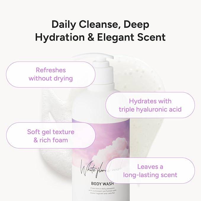 Korean Body Wash with Hyaluronic Acid & Aloe – Hydrating Moisturizing Cleanser for All Skin – Infused with Natural Extracts – Paraben & Silicone-Free – White Floral Musk, 500ml / 16.9 fl oz