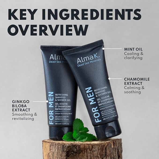 ALMA K Refreshing Shampoo and Shower Gel - 2 in 1 Mens Body Wash and Clarifying Shampoo - Antioxidant-Rich with Argan Oil, Dead Sea Minerals - 6.8 oz