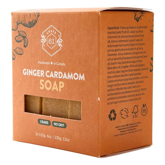 Crate 61 Organics, Handmade in Canada, Plant Based Natural Bar Soap Cold Pressed For Face & Body, w/Premium Essential Oils, For Men & Women 3 Pack (Ginger Cardamom)