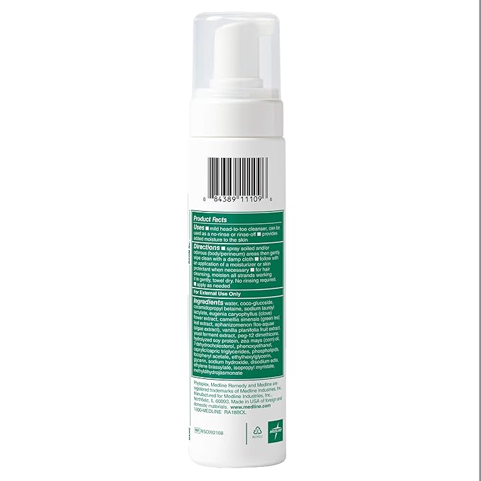 Medline Remedy Phytoplex Hydrating Cleansing Foam, No-Rinse Body Wash and Shampoo, Paraben and Sulfate-Free, 8 fl oz (Pack of 2)