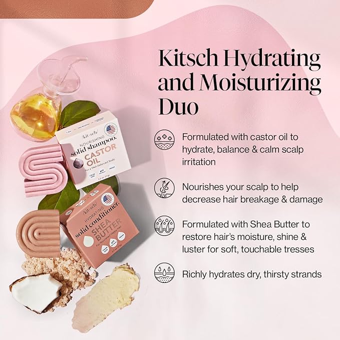 Kitsch Castor Oil Shampoo & Shea Butter Conditioner Bar - Vegan & All Natural Solid Bar | Hydrating & Moisturizing Soap, Paraben-Free, Made in USA - 2pcs