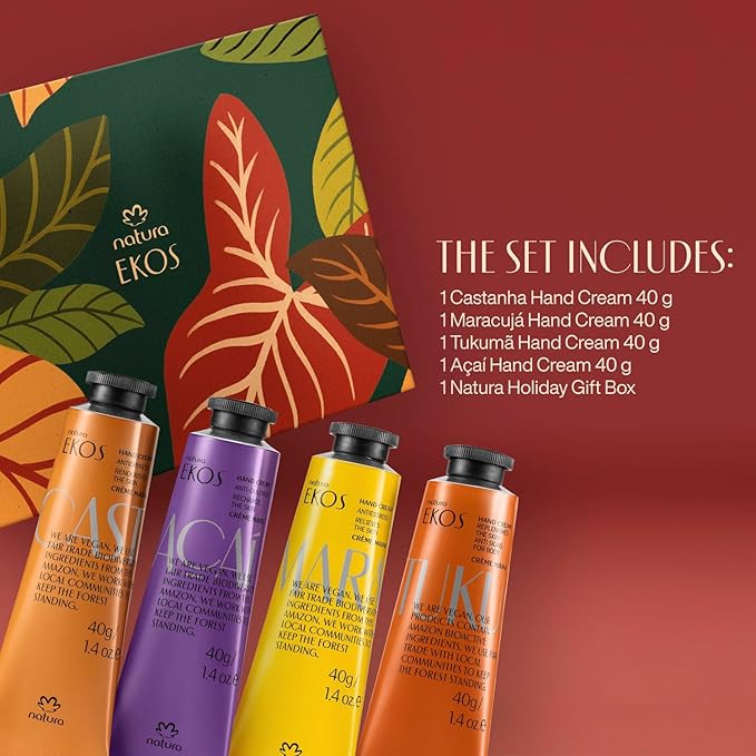 natura - Ekos Hand Cream Quartet Variety Pack, 4 Creams - (1) Maracujá, (1) Castanha, (1) Tukumã, (1) Açaí Hand Cream - Vegan Skin Care - Brazilian Beauty Secrets - Hand Care - 1.41oz (40g)