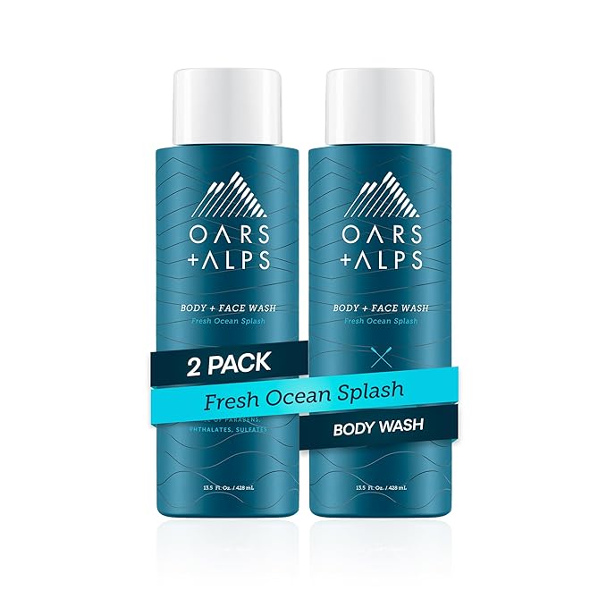 Oars + Alps Body Wash for Men, Mens Body Wash with Vitamin E and Antioxidants, Moisturizing, Hydrating, Paraben & Sulfate Free Cleanser, Fresh Ocean Splash, 2pk