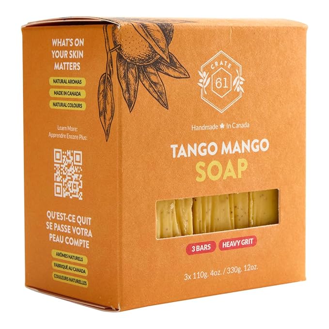 Crate 61 Organics, Handmade in Canada, Plant Based Cold Process Natural Bar Soap For Face And Body, With Premium Essential Oils, For Men And Women 3 Pack (Mango)