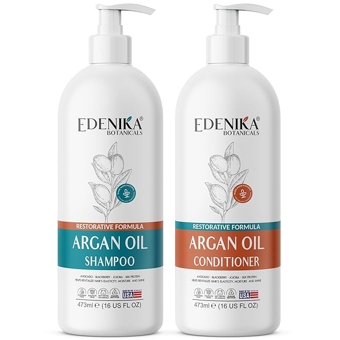 Argan Oil Shampoo & Conditioner with Biotin and Silk Protein, Deep Hair Hydrating & Nourishing, Sulfate-Free, Repairs Dry & Damaged Hair, Adds Shine & Detangles, 16 fl oz Each