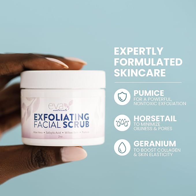 Eva Naturals Exfoliating Facial Scrub – Gentle Microdermabrasion Face Exfoliator with Pumice & Botanical Extracts – Facial Wash to Clear Blackheads, Acne, and Dead Skin for Smooth, Radiant Skin - 2 oz