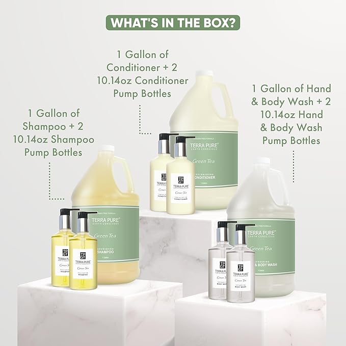 Terra Pure Gallon & Dispenser Set | 1-Shoppe All-In-Kit | Shampoo Conditioner Body Wash Gallon | Refillable 10.14 oz. Matching Pump Bottles