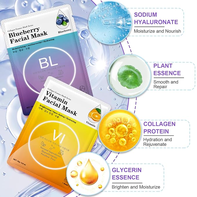 VESPRO 144 Pack Collagen Essence Sheet Facial Masks, Bulk Sheet Masks for Face, Hydrating Facial Masks for All Skin Types, Moisturizing and Soothing, Natural Skincare Spa Face Mask