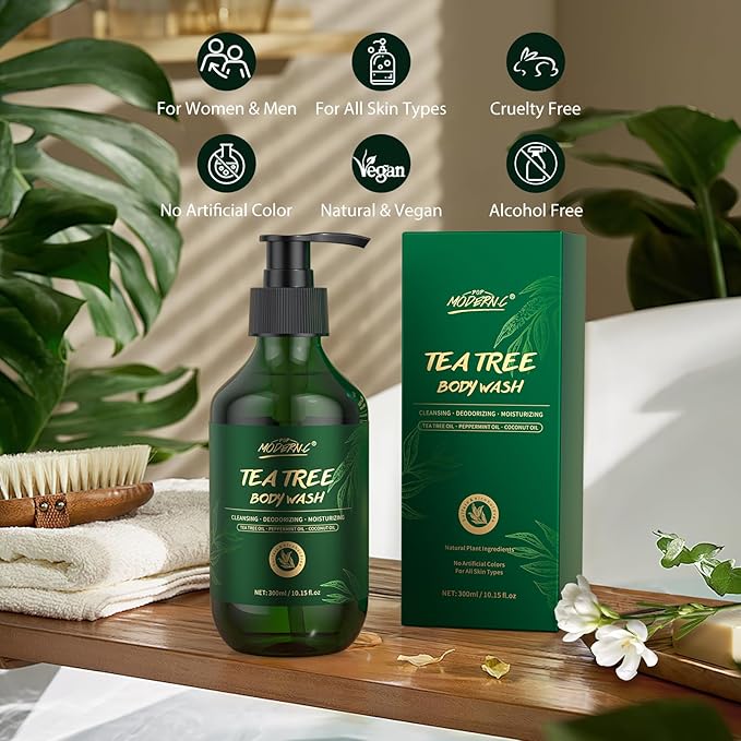 Tea Tree Oil Body Wash Natural Organic Mint Eucalyptus Coconut Oil Shower Gel for Men Women Soothes Irritation Moisturizes Dry Helps Back Acne Athletes Foot Body Odors Parabens Free Sulfate Free