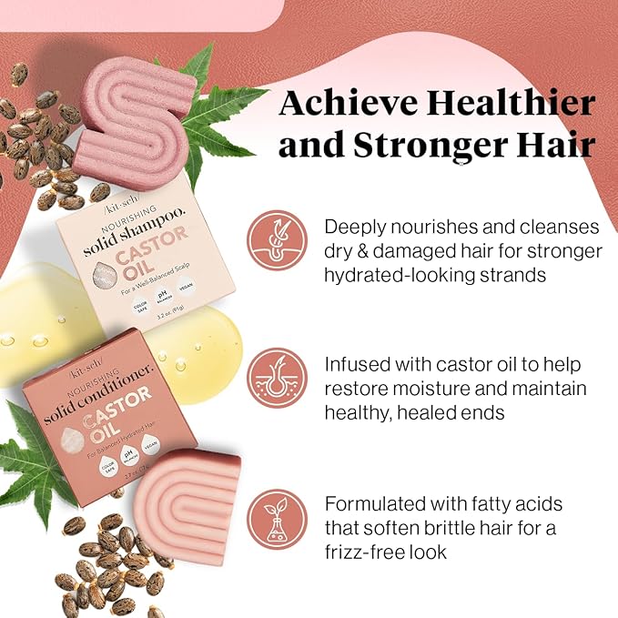 Kitsch Castor Oil Shampoo and Conditioner Set for Dull & Dry Hair - Nourishing Bar Soap for Well-Balanced, Hydrated Hair, Vegan, Strengthening Hair Care, Paraben-Free & Sulfate-Free, Made in US - 2pcs