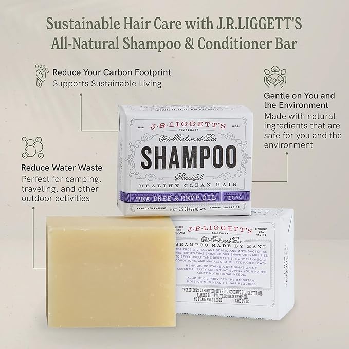 J·R·LIGGETT'S New Conditioner Bar 1.75oz + Two Tea Tree & Hemp Oil Formula Shampoo Bar 3.5oz Bundle All-Natural Plant Based Ingredients | Clean Soft Tangle-Free Hair Biodegradable Recyclable USA Made