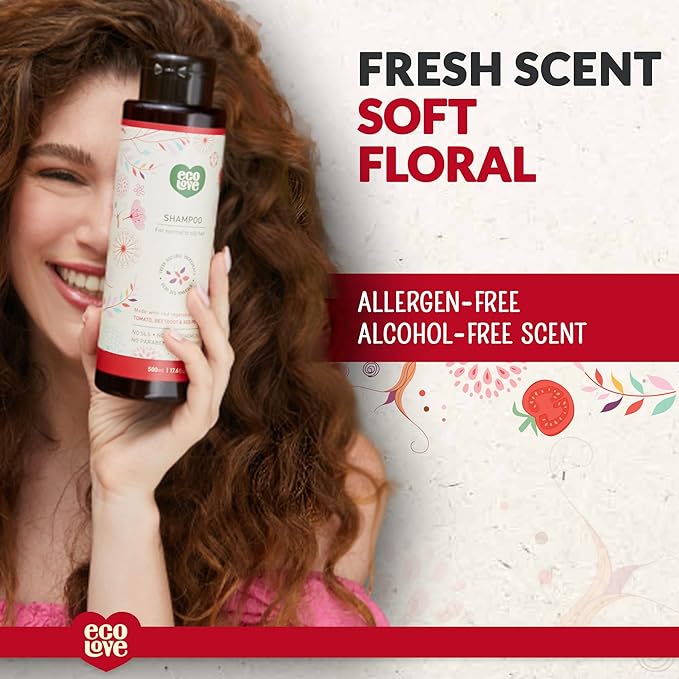 ecoLove - Natural Shampoo for Normal and Oily Hair, Sodium lauryl sulfate Free, Vegan & Cruelty Free Shampoo, Organic Tomato and Beet Extract, No SLS or Parabens, 17.6 oz