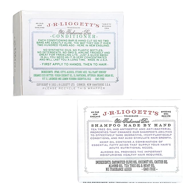 J·R·LIGGETT'S New Conditioner Bar 1.75oz + Two Tea Tree & Hemp Oil Formula Shampoo Bar 3.5oz Bundle All-Natural Plant Based Ingredients | Clean Soft Tangle-Free Hair Biodegradable Recyclable USA Made