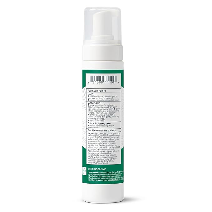 Medline Remedy Clinical No-Rinse Foam Cleanser, Vanilla Scent (8 fl oz), No Rinse Shampoo and Body Cleanser for Sensitive Skin, Hydrating, Paraben and Sulfate Free, For Face, Body, and Hair, All Ages