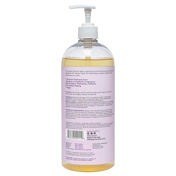 Dr. Natural Calming Lavender Oil Body Wash - Dry Skin Moisturizing Natural Body Wash with Shea Butter and Coconut Oil - For Family and Pets - 32 oz