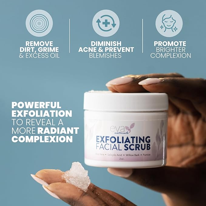 Eva Naturals Exfoliating Facial Scrub – Gentle Microdermabrasion Face Exfoliator with Pumice & Botanical Extracts – Facial Wash to Clear Blackheads, Acne, and Dead Skin for Smooth, Radiant Skin - 2 oz