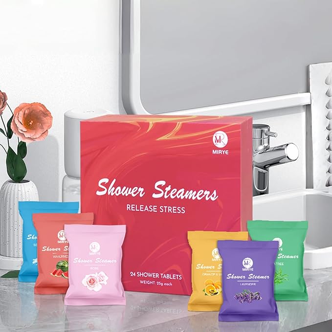 Shower Steamers Aromatherapy for Women and Men, 24-Pack Organic Shower Bombs with Essential Oil, Rose, Watermelon, Tea Tree, Orange, Sea Salt, Lavender Stress Relief Birthday Gifts for Her