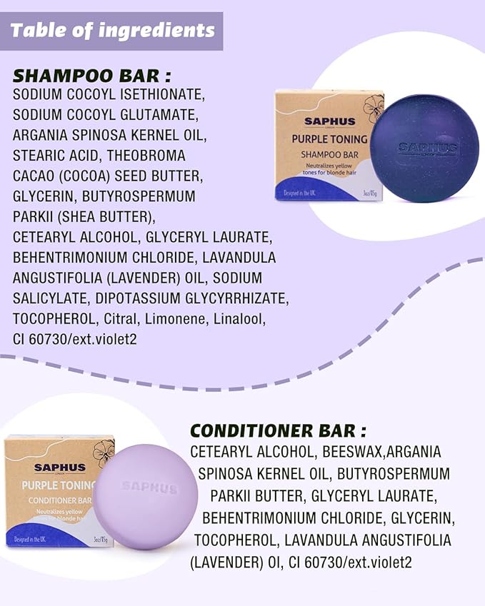 Sulfate Free Brass Toning Purple Shampoo Bar and Conditioner Set for Blonde, Bleached, Silver, or Brown Hair, Neutralizes Brassy Yellow Orange Tones, 6 oz