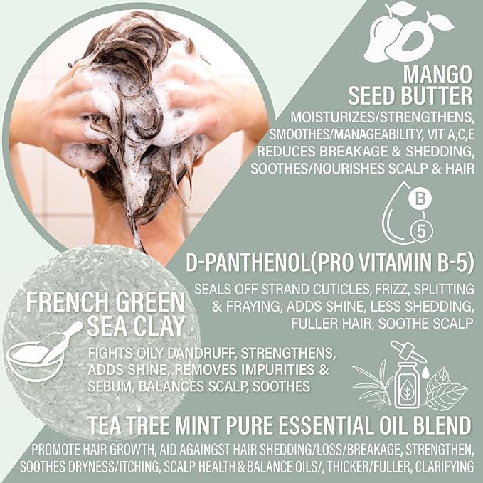 Tea Tree Mint Shampoo Bar – Vegan, Sulfate-Free, Made in the USA – Refreshing Tea Tree & Mint Oils – Up to 60 Washes – Eco-Friendly & Travel-Friendly