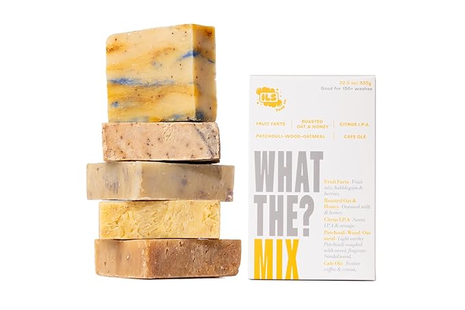 ILS Soap co - What The? Mix (Fruit Farts/Cafe Olé/Citrus I.P.A./Roasted Oats and Honey/Patchouli-Wood-Oatmeal) All Natural Bar Soap for All Skin Types - Cold Process and Handmade in the USA (5 Pack)