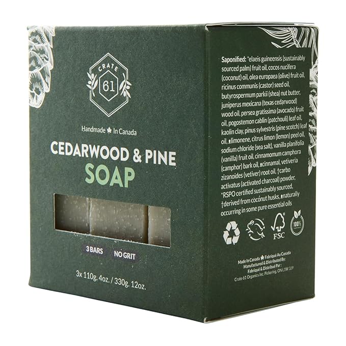 Crate 61 Organics, Handmade in Canada, Plant Based Cold Process Natural Bar Soap For Face And Body, With Premium Essential Oils, For Men And Women 3 Pack (Cedarwood Pine)