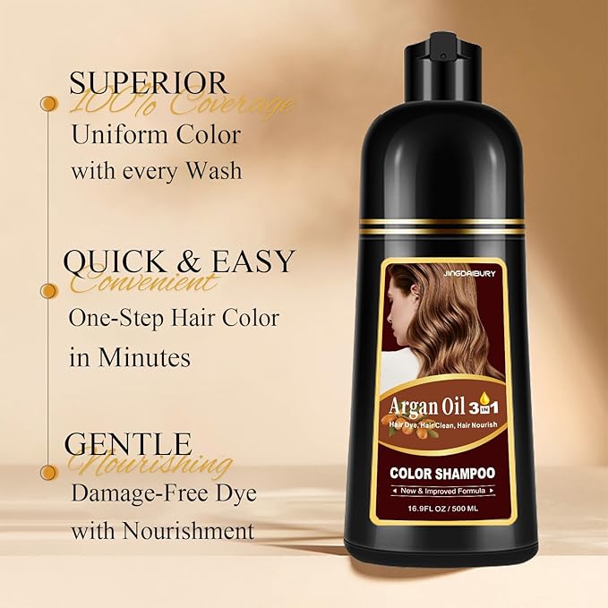 Coffee Hair Dye Shampoo 3-in-1, Argan Oil Hair Color Shampoo for Gray Hair, Instant Brown Color Shampoo Hair Dye for Women & Men, Colors Hair in Minutes, Natural Results, Semi-Permanent Hair Color