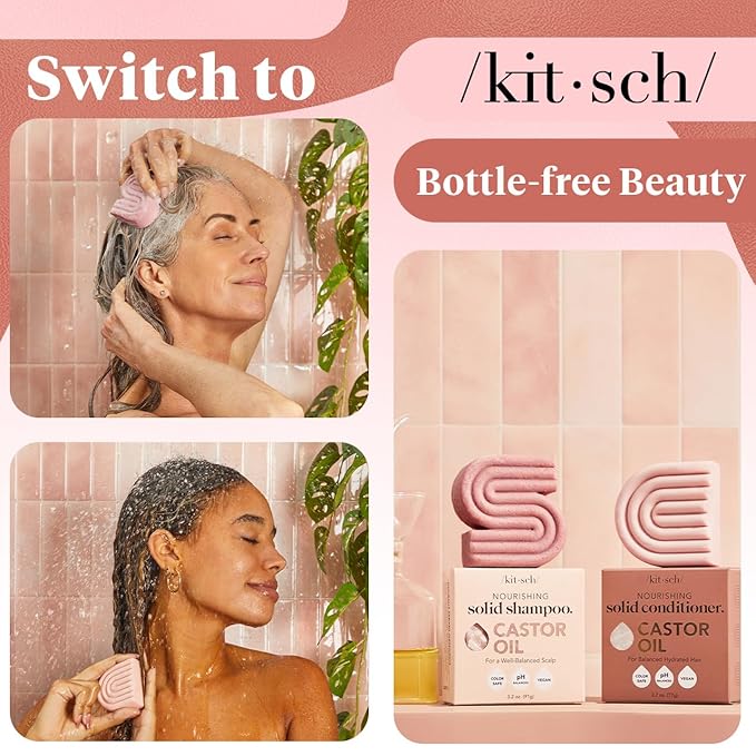 Kitsch Castor Oil Shampoo and Conditioner Set for Dull & Dry Hair - Nourishing Bar Soap for Well-Balanced, Hydrated Hair, Vegan, Strengthening Hair Care, Paraben-Free & Sulfate-Free, Made in US - 2pcs