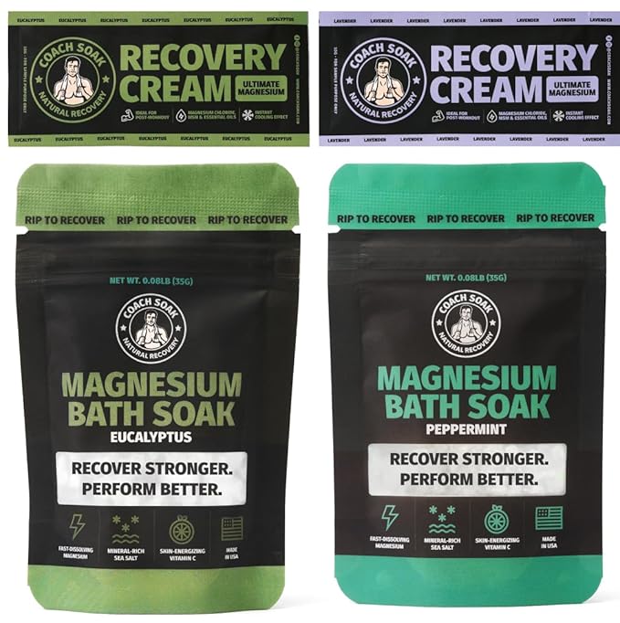 Coach Soak Magnesium Bath Flakes Mint & Lotion Trial Pack - Absorbing Magnesium Cream with Menthol - 0.18 lb (4 Pack) - Mixed Scents