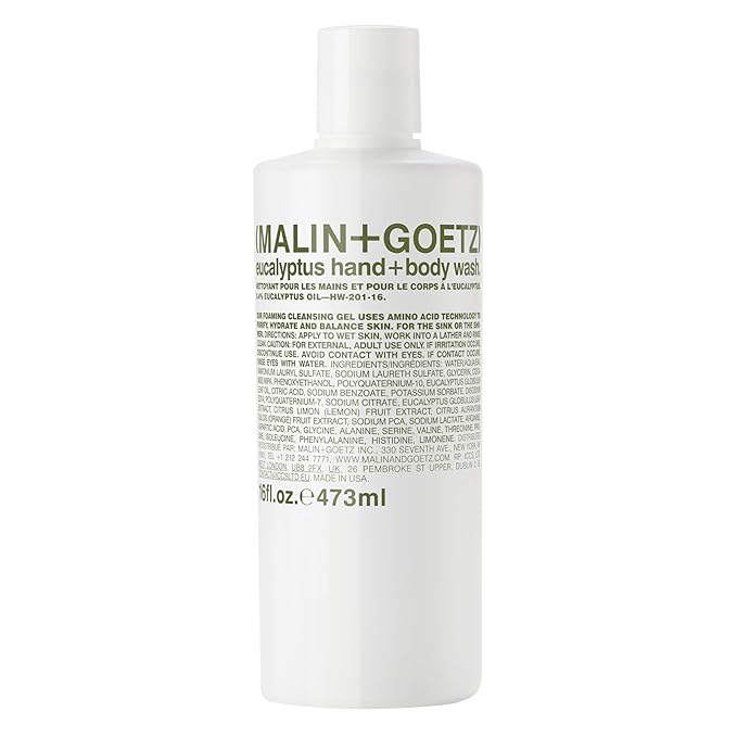 Malin + Goetz Eucalyptus Hand + Body Wash natural cleansing, purifying, hydrating hand & body wash. all skin types, dry, irritated, sensitive. No stripping/irritation. Cruelty-free & vegan 16 Fl oz