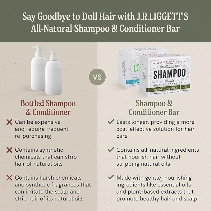 J.R.LIGGETT’S New Conditioner Bar 1.75oz + Two Herbal Formula Shampoo Bars 3.5oz Bundle | Natural Plant-Based Ingredients Leaves Hair Clean, Tangle-Free | Eco-Friendly, Biodegradable, Recyclable | USA