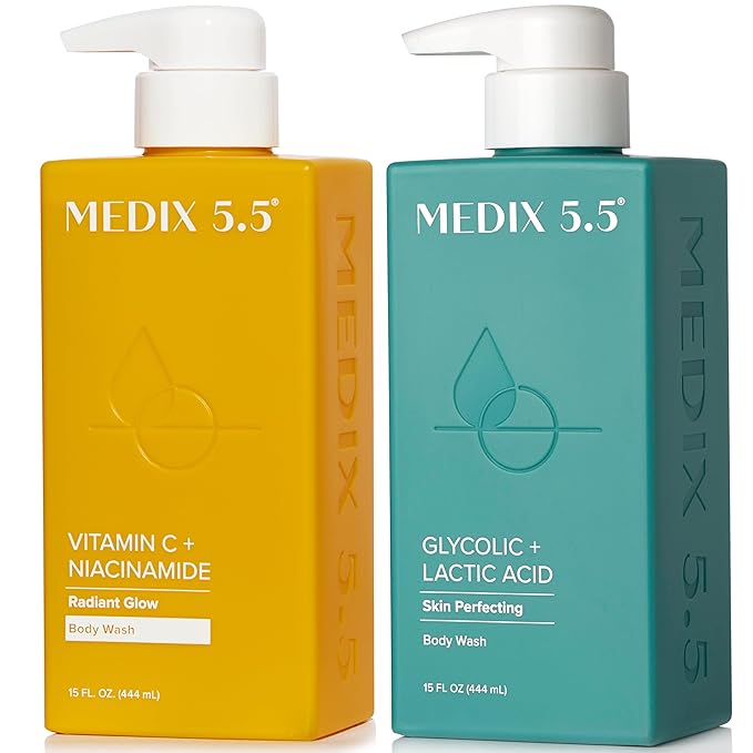 MEDIX Glycolic Acid + Lactic Acid Body Wash & Vitamin C Body Wash 2PC Skincare Bundle | Exfoliating Face Cleanser For Women, Keratosis Pilaris, & Acne + Radiant Glow Vitamin C Cleanser, 2PC Set
