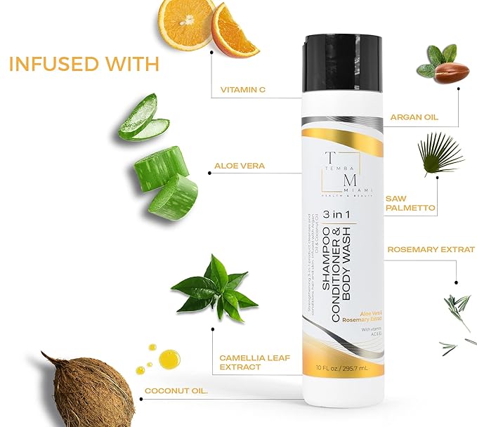3 in 1 SHAMPOO/CONDITIONER/BODY WASH, with ALOE VERA, ARGAN & COCONUT OIL, ROSEMARY EXTRACT, CAMELLIA Leaf Extract, 10 FL oz.