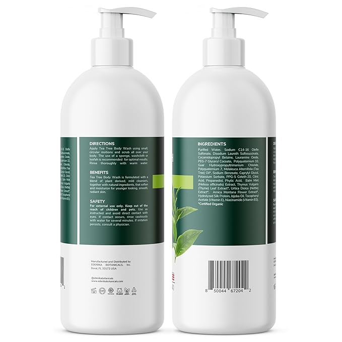 Tea Tree Oil Body Wash, Cleanses & Relieves Itchy Skin, Soothes Jock Itch, Acne & Ringworm, Shower Gel for Dry and Sensitive Skin, Women & Men, Organic & Natural, 16 fl oz