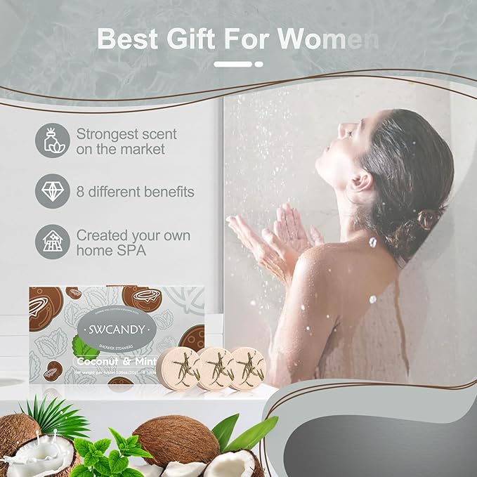 Aromatherapy Shower Steamers Birthday Day Gifts Coconut Mint - Swcandy 8 Pcs Bath Bombs Birthday Gifts for Women, Shower Bombs with Essential Oils, Relaxation Home SPA for Women Who Has Everything