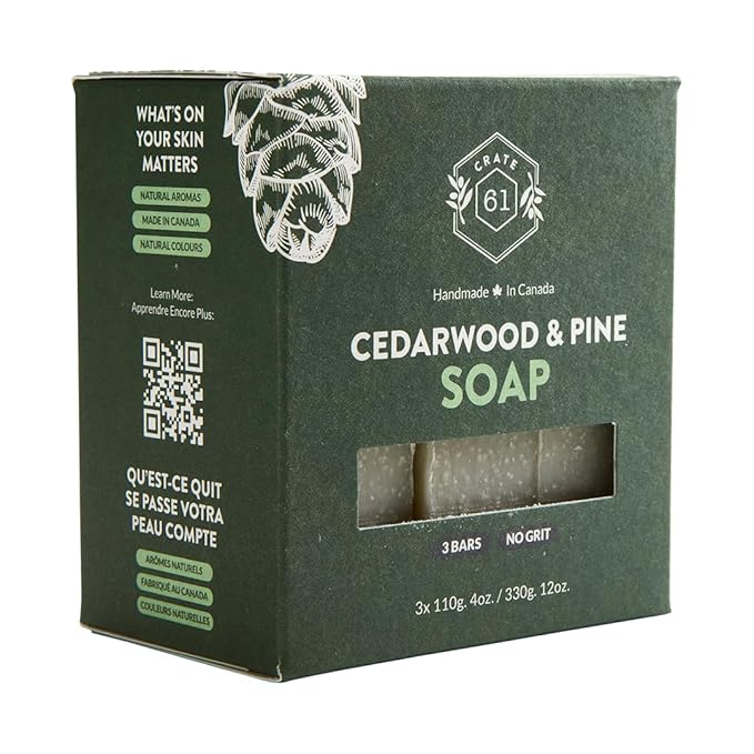 Crate 61 Organics, Handmade in Canada, Plant Based Cold Process Natural Bar Soap For Face And Body, With Premium Essential Oils, For Men And Women 3 Pack (Cedarwood Pine)