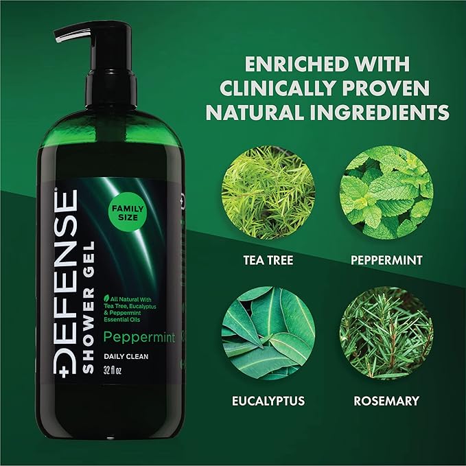 Defense Soap Organic Peppermint Body Wash | All Natural Mint Shower Gel with Tea Tree Oil, Eucalyptus Oil. Wrestling Inspired, For All Mens & Womens Skin Types. 32 oz