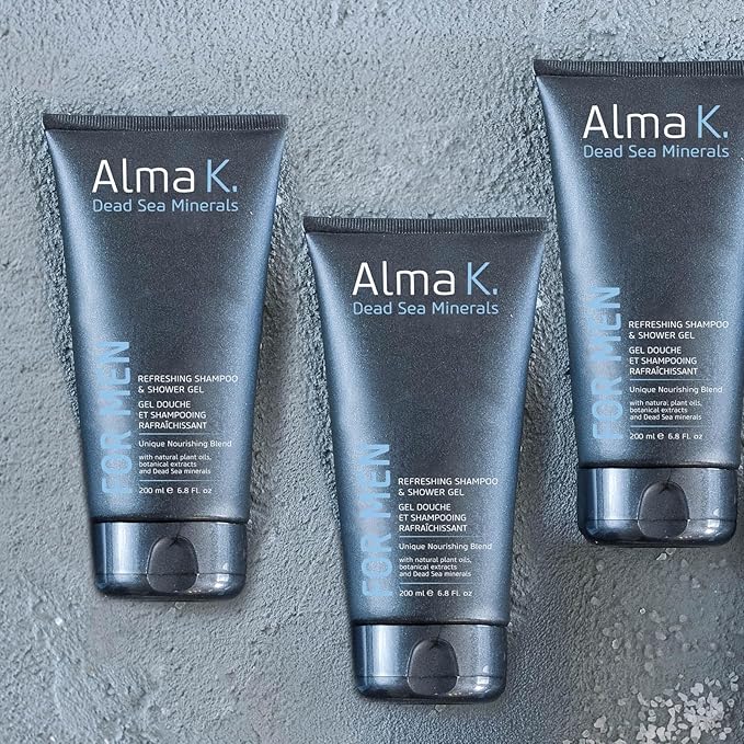ALMA K Refreshing Shampoo and Shower Gel - 2 in 1 Mens Body Wash and Clarifying Shampoo - Antioxidant-Rich with Argan Oil, Dead Sea Minerals - 6.8 oz