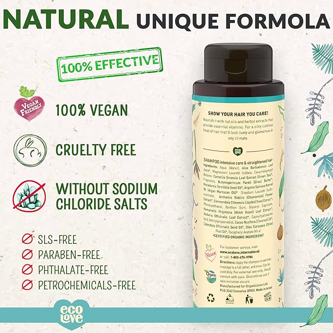 ecoLove - Natural Shampoo for All Hair Types,Sodium lauryl sulfate Free, Vegan & Cruelty Free Shampoo, With Natural Moroccan Oil Extract, No SLS or Parabens, 17.6 oz