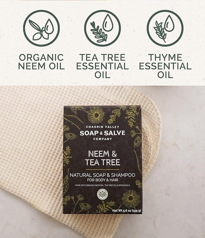 Chagrin Valley Soap & Salve Neem & Tea Tree Organic Soap & Shampoo Bar – Soothe Dry, Itchy, Irritated Skin - Sulfate Free Shampoo For Body & Hair Vegan Shampoo Natural, Large 5.6 oz Bar Shampoo