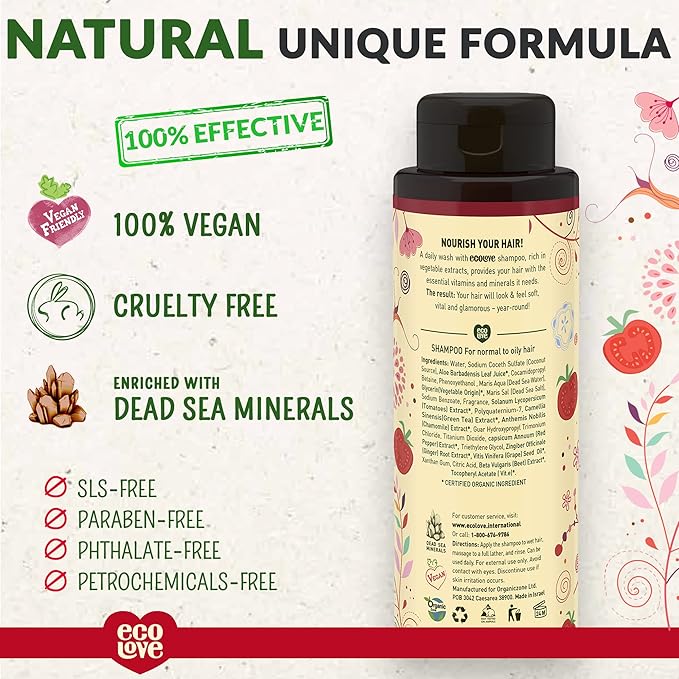 ecoLove - Natural Shampoo for Normal and Oily Hair, Sodium lauryl sulfate Free, Vegan & Cruelty Free Shampoo, Organic Tomato and Beet Extract, No SLS or Parabens, 17.6 oz